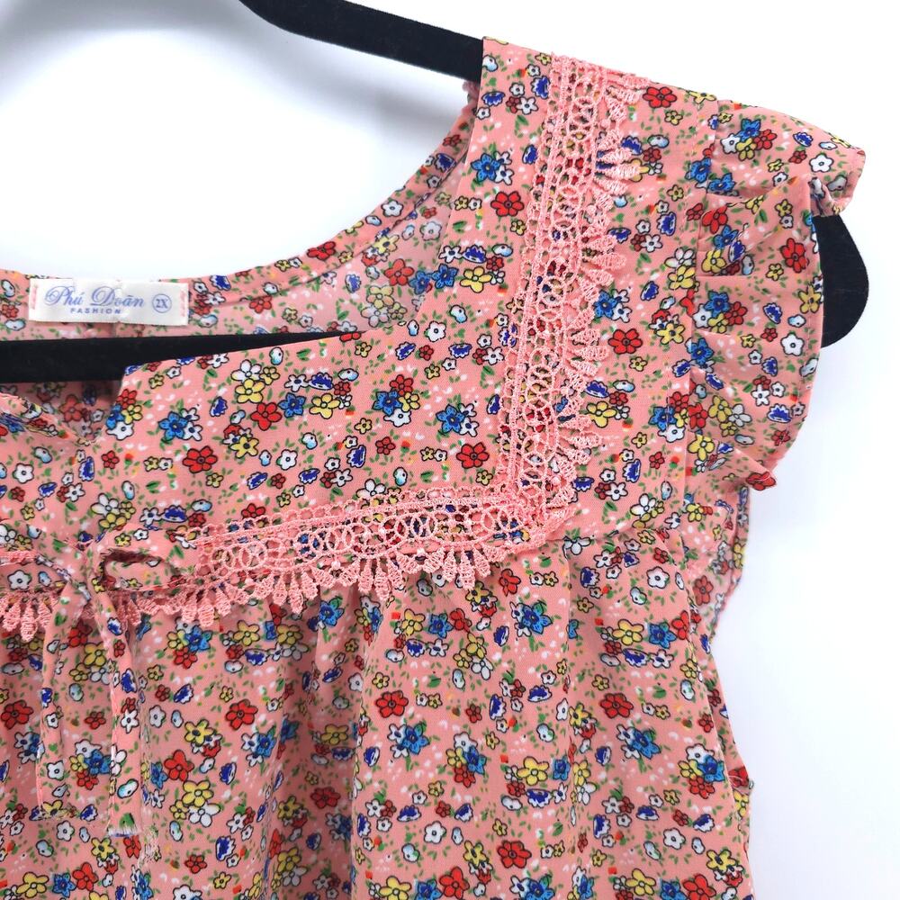 Womens Cottage Micro Floral Babydoll Tee Flutter Sleeve Lace Bow Keyhole Back S - Picture 6 of 11